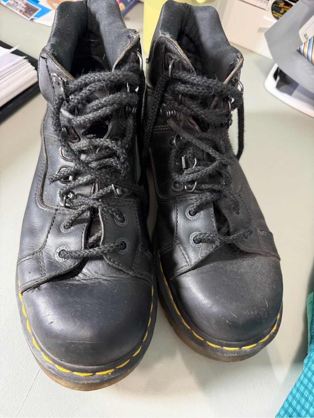 Dr. Martens Men’s Black Leather Lace-Up Boots with Yellow Stitching